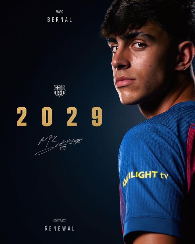 官方：巴萨与贝尔纳尔续约至2029年